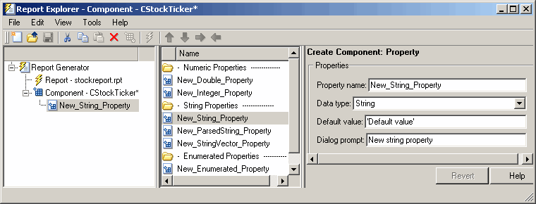 Report Explorer showing the property New_String_Property when dragged to the Outline pane