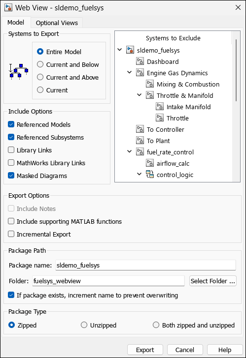 Web view dialog box for the sldemo_fuelsys model showing the options for this example.