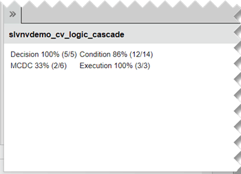 The coverage pane after exporting the example to web view. The pane displays the Decision, Condition, MCDC, and Execution results.
