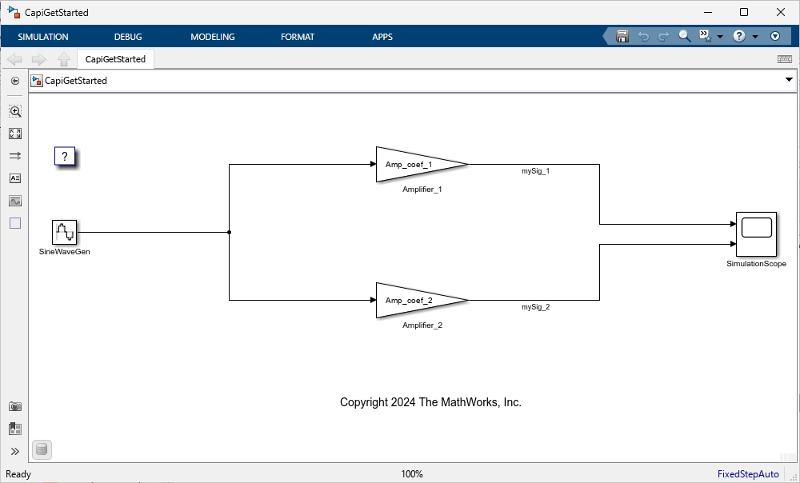 Example model is open in the Simulink editor.