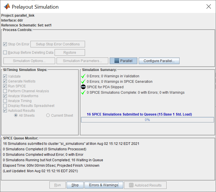 Prelayout Simulation dialog with the summary of the 15 simulations and