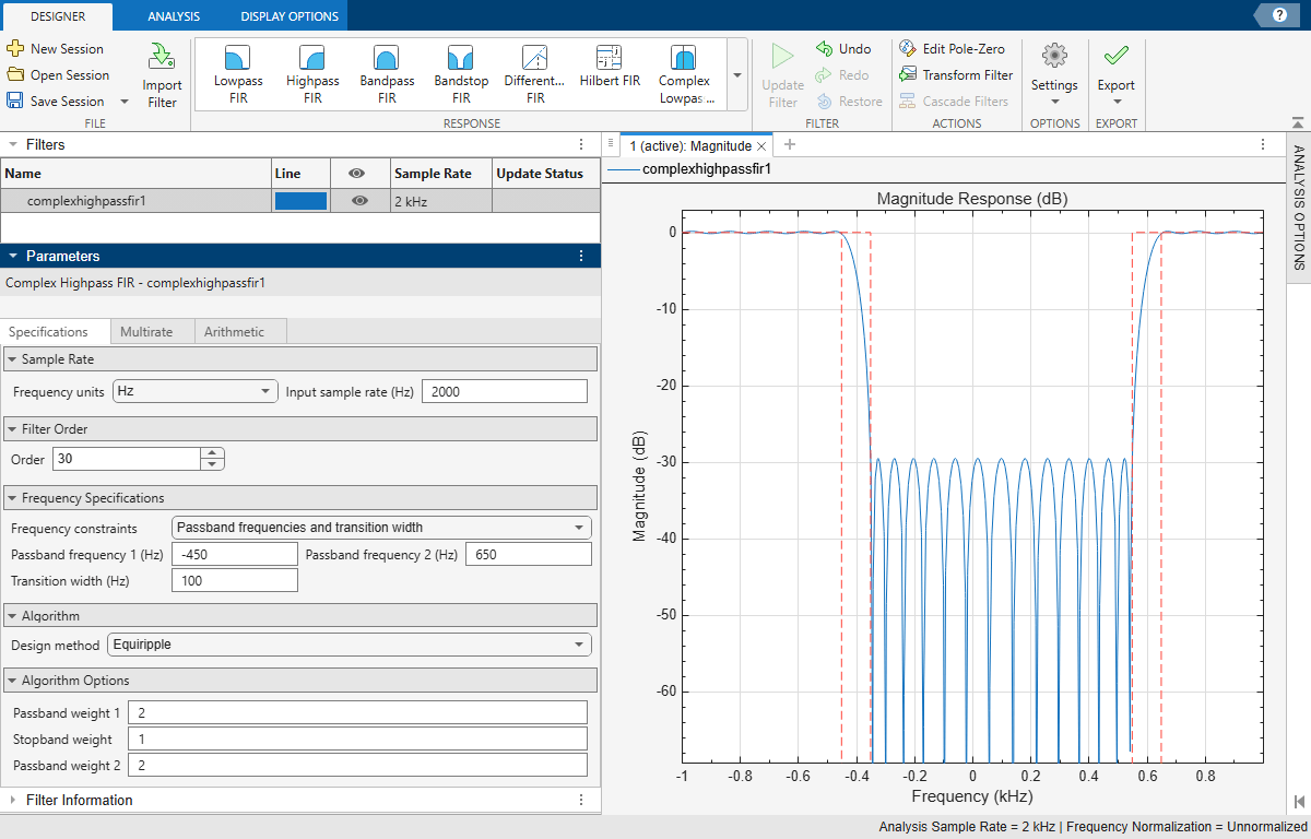 Complex highpass FIR filter design using Filter Designer app