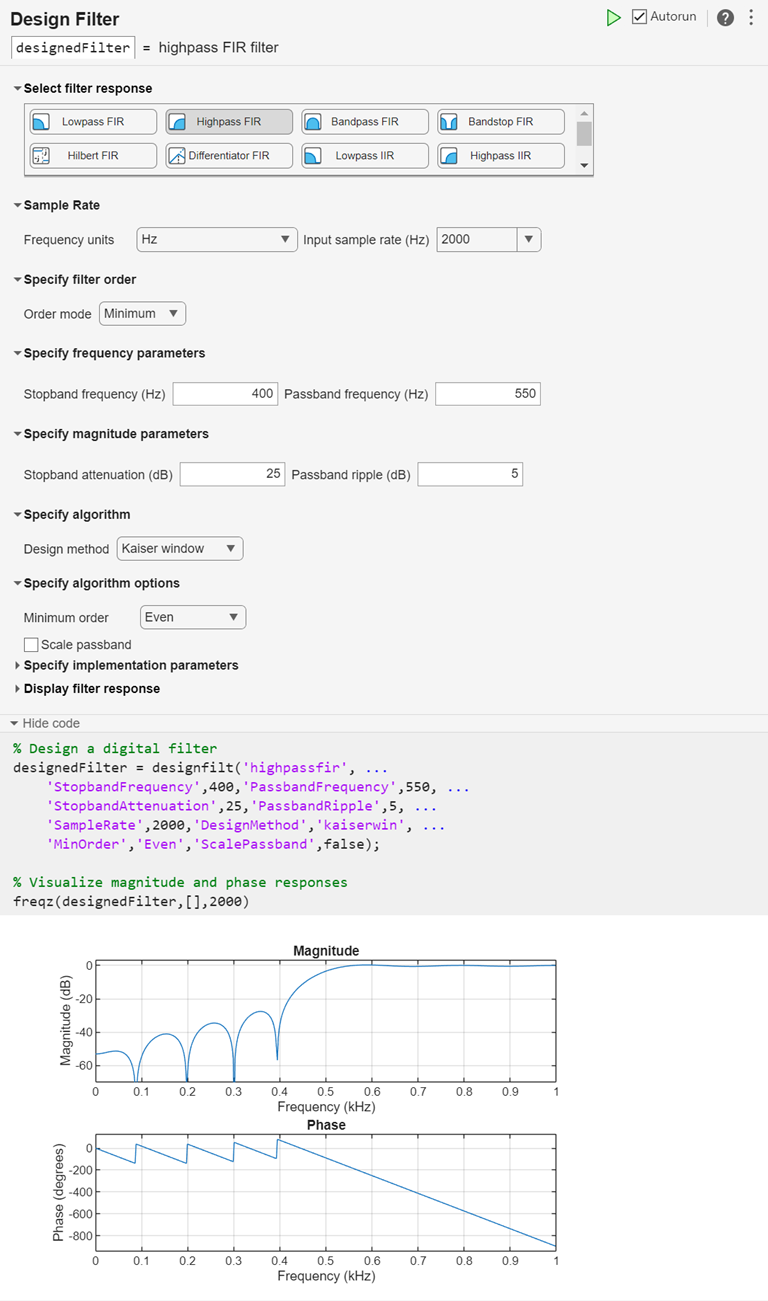 Highpass FIR filter design using Live Editor task