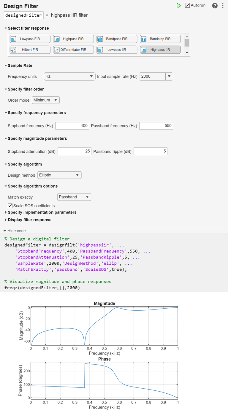 Highpass IIR filter design using Live Editor task