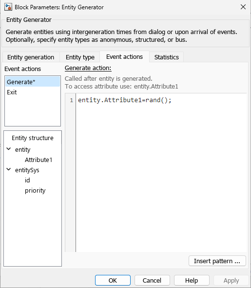 Block Parameters window of the Entity Generator block with the Event Actions tab selected.