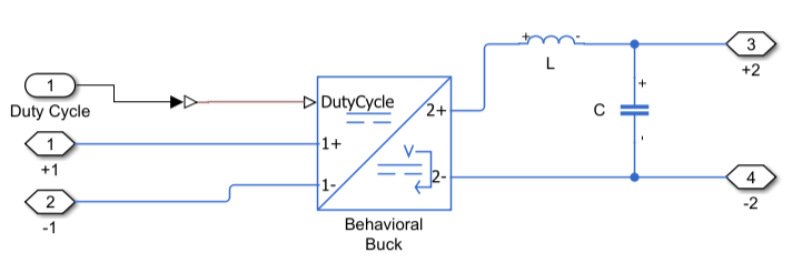 Simscape block diagram of the equivalent circuit for an ideal averaged dc-dc converter core.