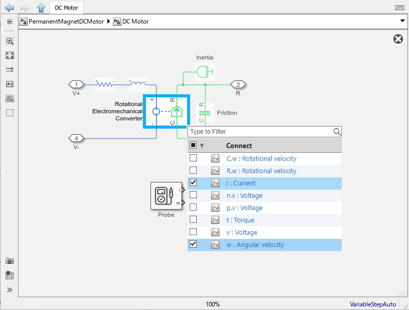 Selecting variables to probe on the model canvas