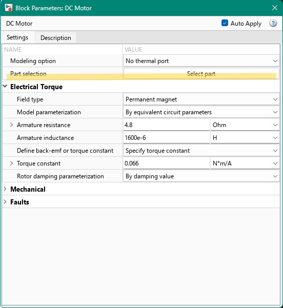 DC Motor block dialog box with the Part selection parameter highlighted.