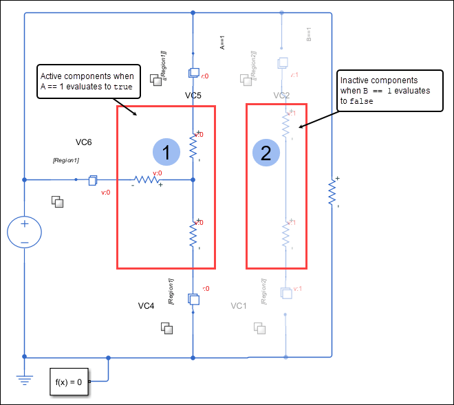 A model with two bounded regions. The bounded region formed by connector tag Region1 becomes active and the bounded region formed by connector tag Region2 becomes inactive during simulation.