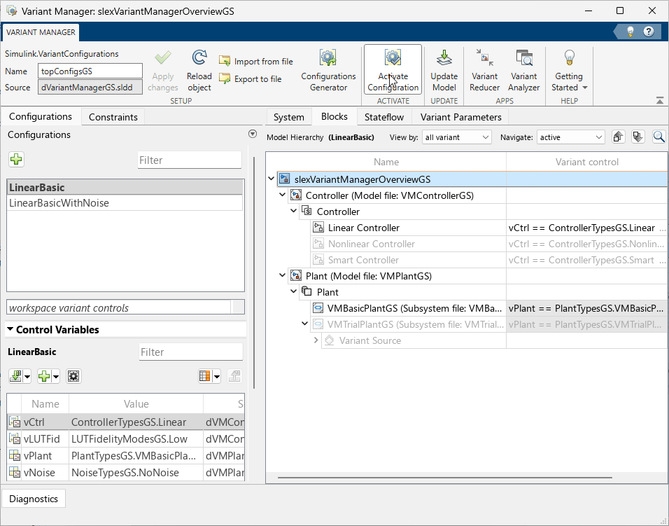 Blocks tab in Variant Manager shows the variant choices of Controller and Plant, and the corresponding variant conditions.