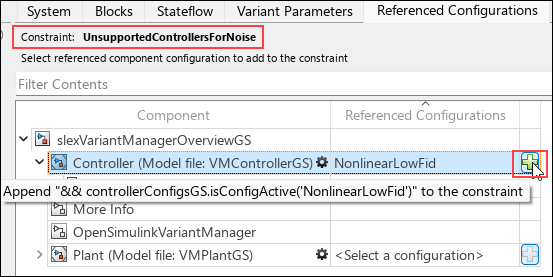 Variant Manager window shows the component configurations tab for creating constraints. The NonLinearLowFid configuration is selected for the Controller component.