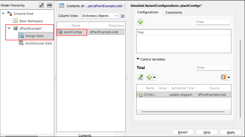 Model Explorer window shows a variant configurations object defined in a data dictionary that is not associated with a model.