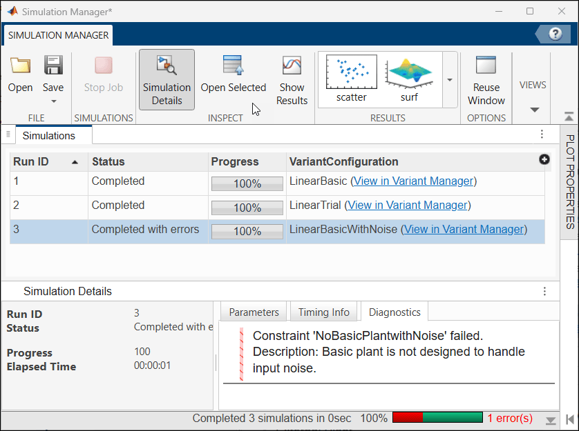 Simulation Manager shows the parallel simulation results and the variant configuration used for each run.