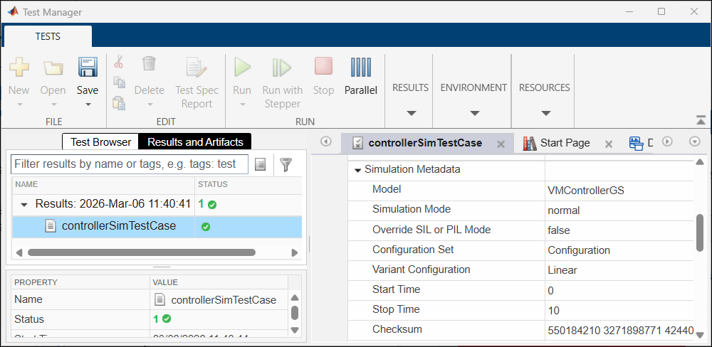 Simulink test manager shows the test results and the details of the variant configuration used by the test.