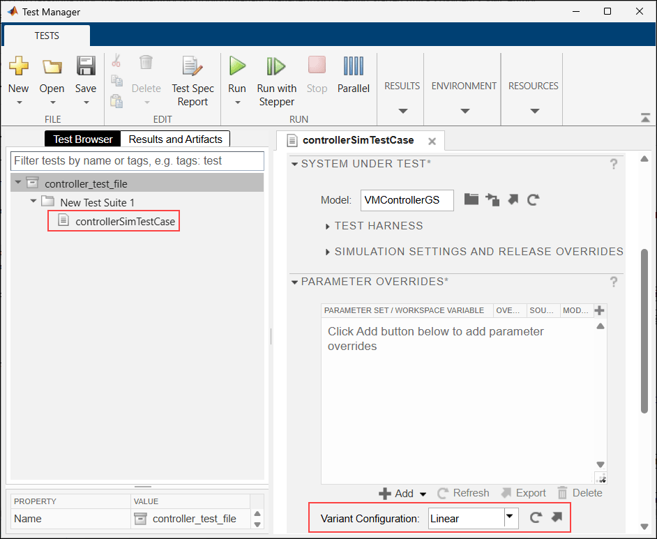 Test Manager window shows the new test case with the variant configuration set to Linear.