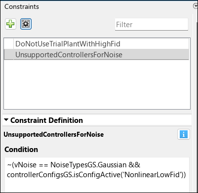 The Constraints pane shows the constraint condition that is built using the component configuration corresponding to the NonLinearLowFid controller.