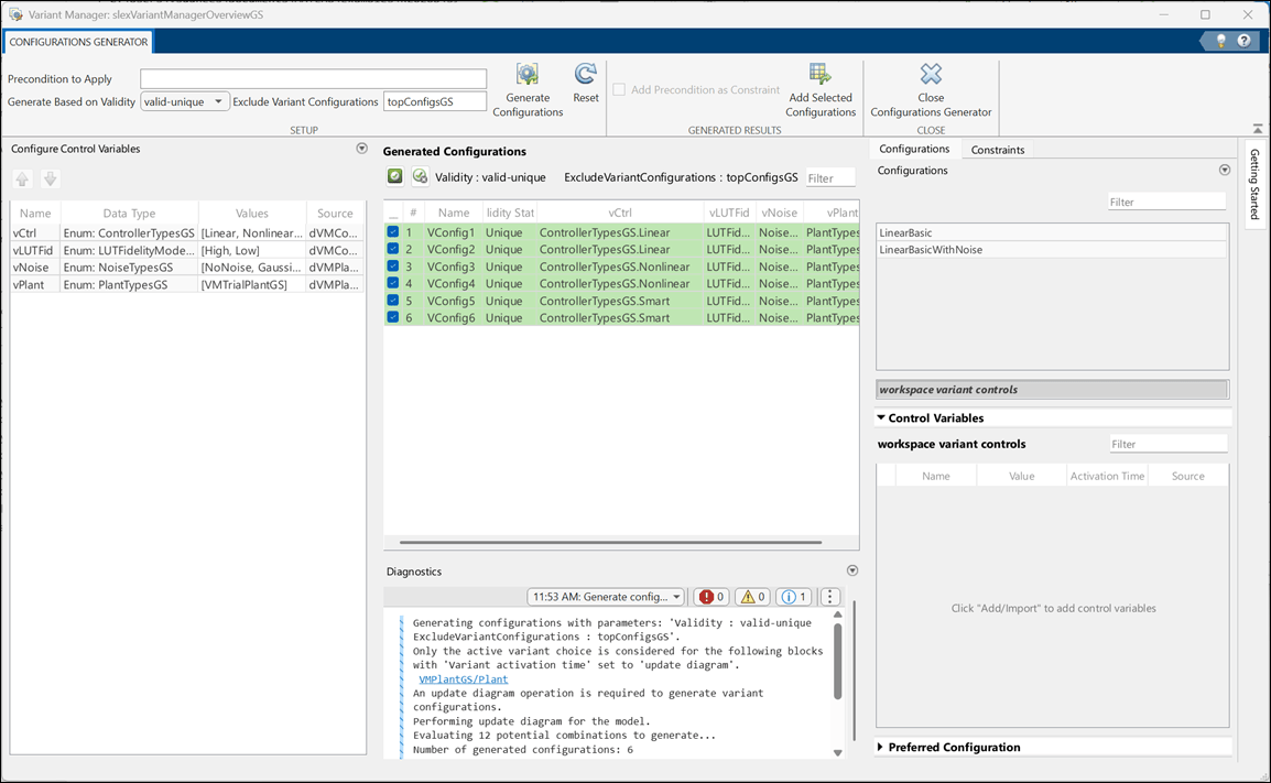 Generate configurations window in Variant Manager shows the generated configurations.