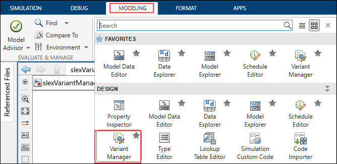Simulink toolstrip shows the Variant Manager option in the Modeling tab.