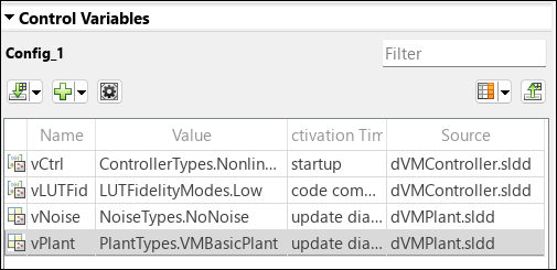 Control variables section in Configurations tab