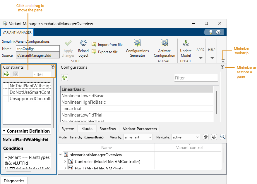 Variant manager window with custom layout