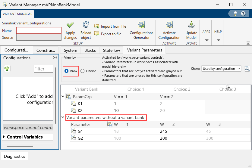 Variant Manager showing the Variant Parameters tab. The Bank option is selected. Variant parameters are grouped by the bank they belong to. The section that shows parameters that are not part of a bank is highlighted.