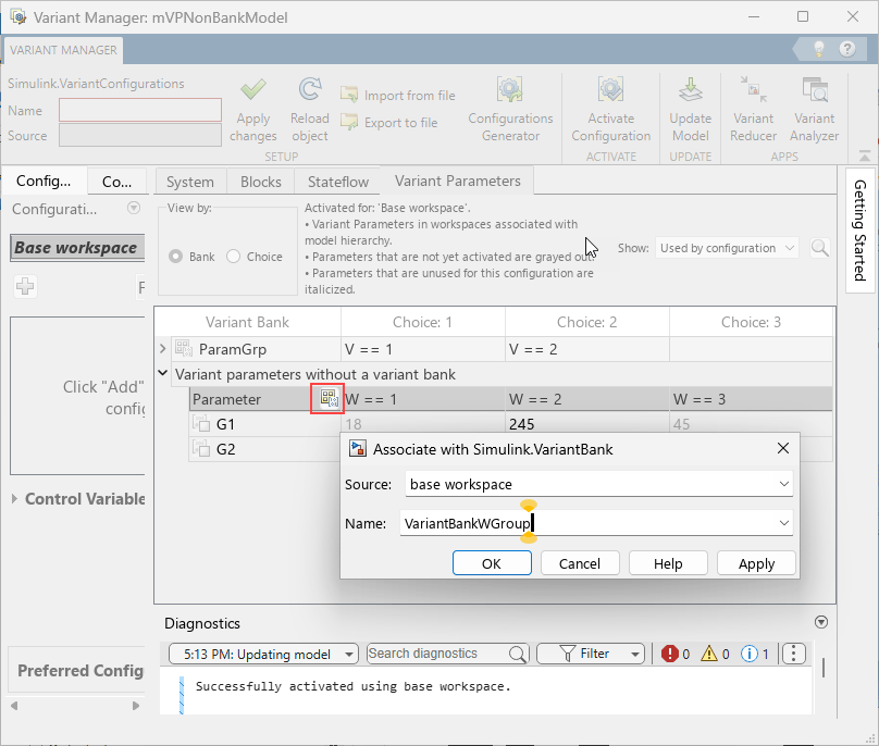 Variant Manager showing the Variant Parameters tab. The Create Simulink.VariantBank button is highlighted. The Associate with SimulinkVariant Bank dialog box shows option to name or select the bank.