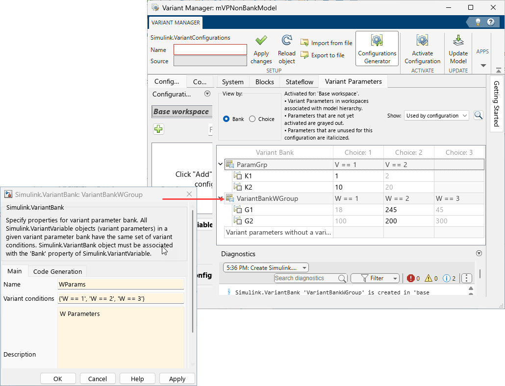 Simulink.VariantBank dialog box shows options to provide a name and description for the parameter bank structure. The updated Variant Parameters tab shows the newly created bank.
