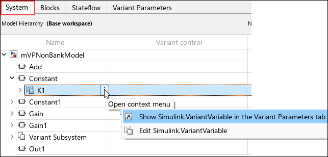 Variant Manager showing the System tab. The three dot menu on a variant parameter is shown along with the menu options.