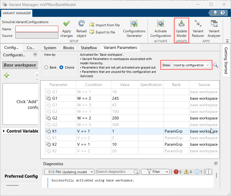 Variant Manager showing the Variant Parameters tab. The Used by Configuration option is selected. Only the parameters used by the model appear in the results.