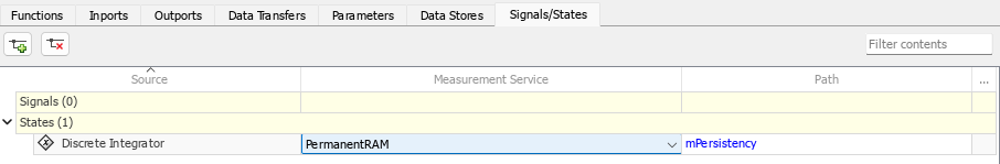 Code Mappings editor. The Discrete Integrator state is mapped to PermanentRAM measurement service.