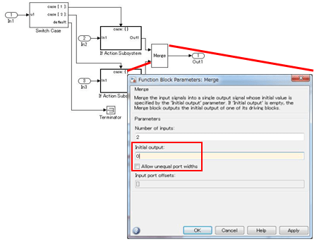 Interface to specify the initial value by using the Merge block parameter Initial output.