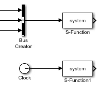 Bus Creator and Clock blocks connected to S-Function blocks