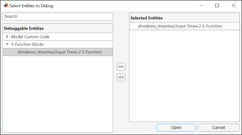 Dialog box showing entities that can be debugged with the S-function in the model listed here.