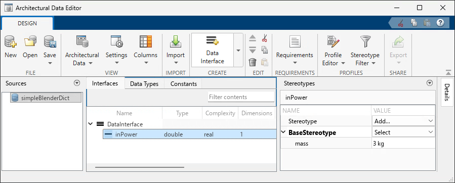 Architectural Data Editor. Data element is selected and Stereotypes pane is expanded.