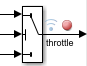 A Switch block produces a signal named throttle. The throttle signal is marked for logging, as indicated by the logging badge, and configured with a signal breakpoint, as indicated by a red circle.