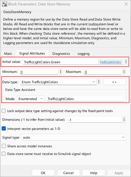 For the data store named A, TrafficLightColors.Green is specified as the initial value for the enumerated type TrafficLightColors.