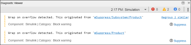 A warning message in Diagnostic Viewer with a button to suppress.