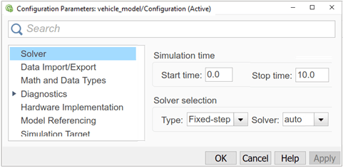 Configuration Parameters dialog box, with Solver selected from the menu on the left, and the options for simulation time and solver selection on the right
