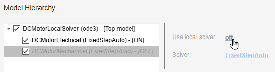 The node for a referenced model that does not use a local solver is selected in the Model Hierarchy pane. The pointer is paused on the Use local solver value.