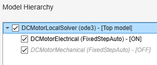 The Model Hierarchy pane shows the hierarchy of a model that references two different models. The check box is selected for all three models. One referenced model uses a local solver and one does not.