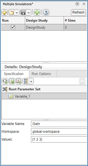 Screenshot of the Multiple Simulations Panel. The panel has two sections: one - to create a design study, and two: to specify simulation parameters