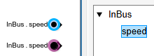 Two In Bus Element blocks labeled InBus.speed and the corresponding bus hierarchy in the Property Inspector