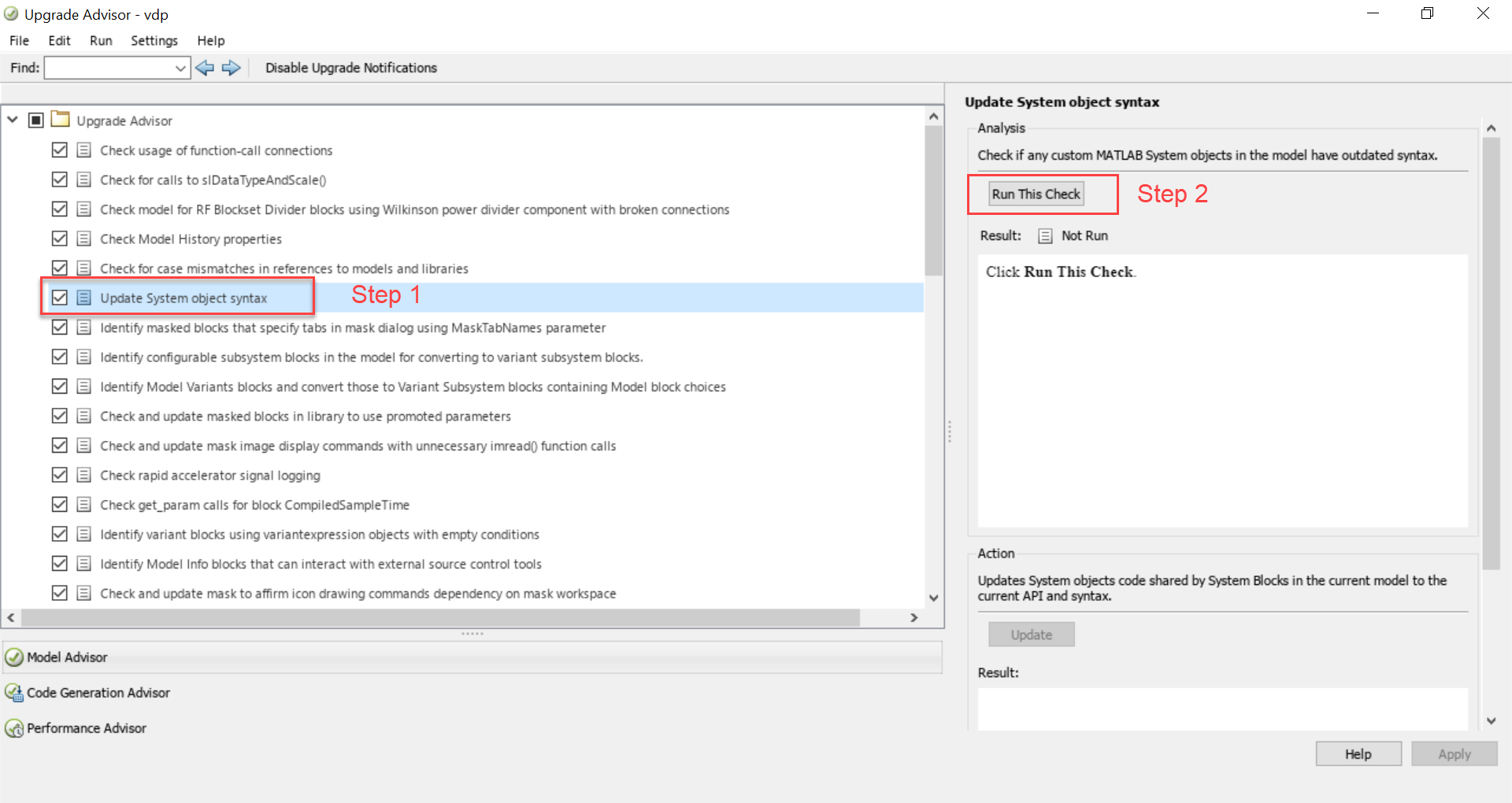 Upgrade Advisor with one check selected in the left pane and Run This Check button in the right pane