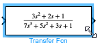 A pointer is positioned to drag the lower-right corner of the Transfer Fcn block, resizing the block so it is wide enough to display the equation that represents the transfer function.