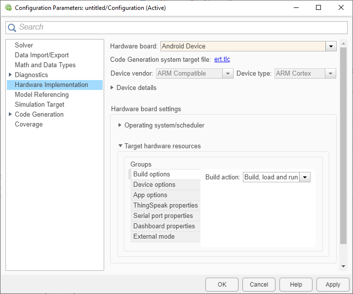 Android Configuration Parameters dialog box.