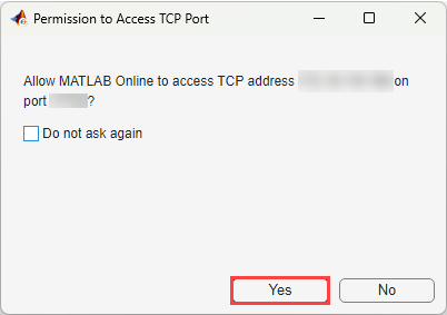 Notification for Arduino Simulink Online to Access TCP and Port