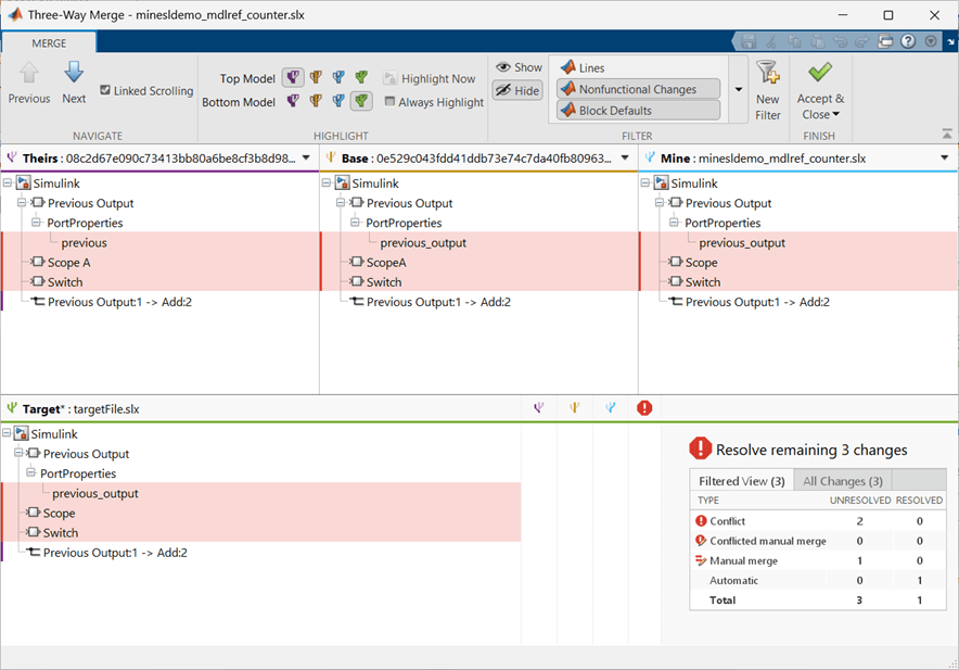 Three-Way Merge report with three panes on top (Theirs, Base, Mine) and a target pane and summary table below