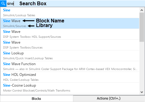 The Quick insert menu has the search term "sine" in the search box. The list of search results is below the search box, with the entry for the Sine Wave block from the Simulink/Sources library highlighted in blue.