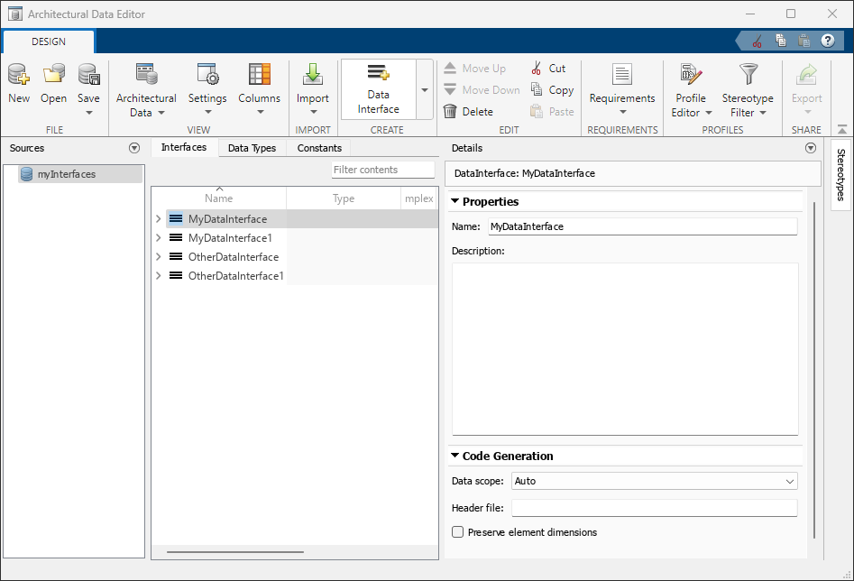 The standalone Architectural Data Editor with an interface selected. The Code Generation section includes the Data scope property Auto.