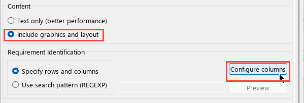 Configure columns dialog box for mapping spreadsheet columns to requirement properties.